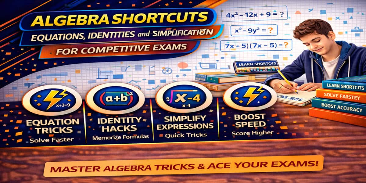 Algebra shortcuts for equations identities and simplification in competitive exams
