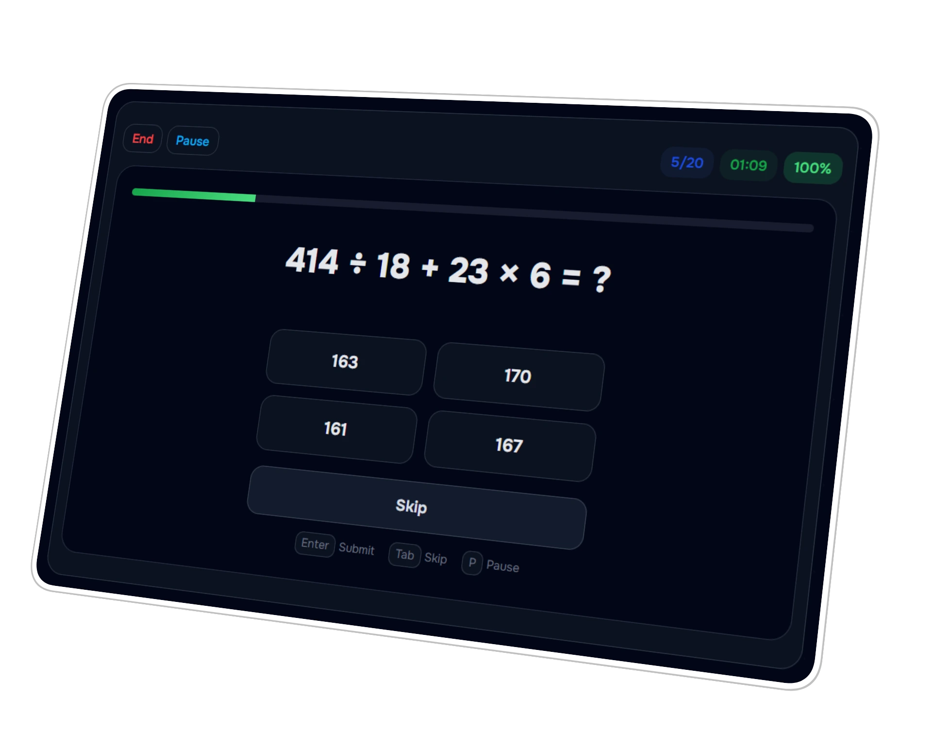 SpeedMath practice session preview showing a timed BODMAS question with multiple-choice answers