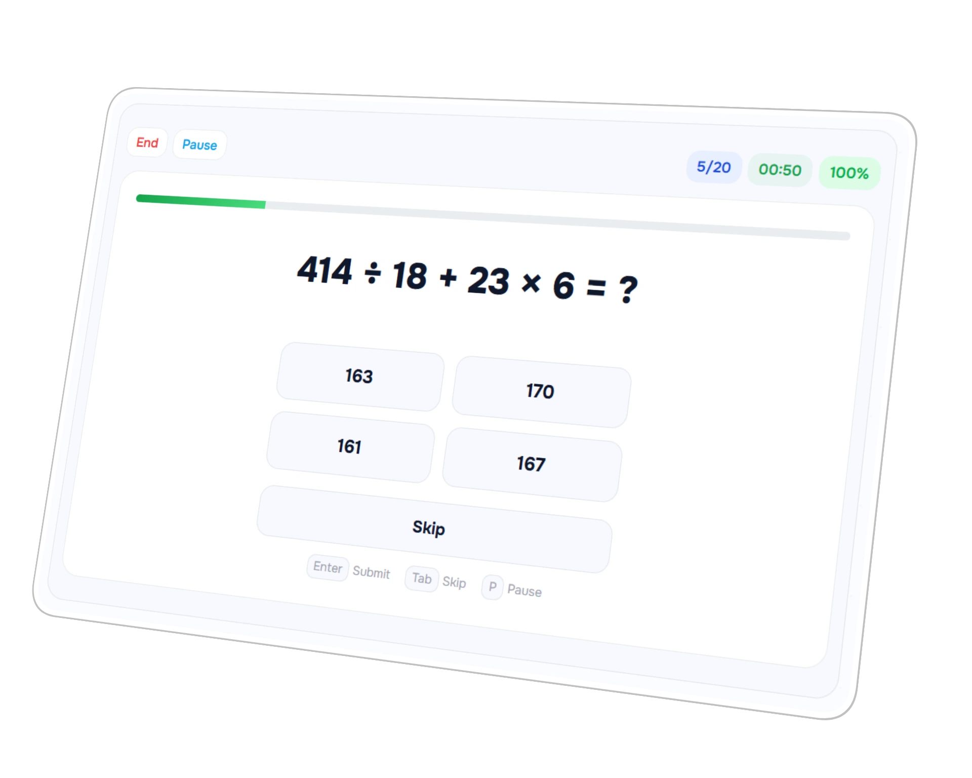 SpeedMath practice session preview showing a timed BODMAS question with multiple-choice answers